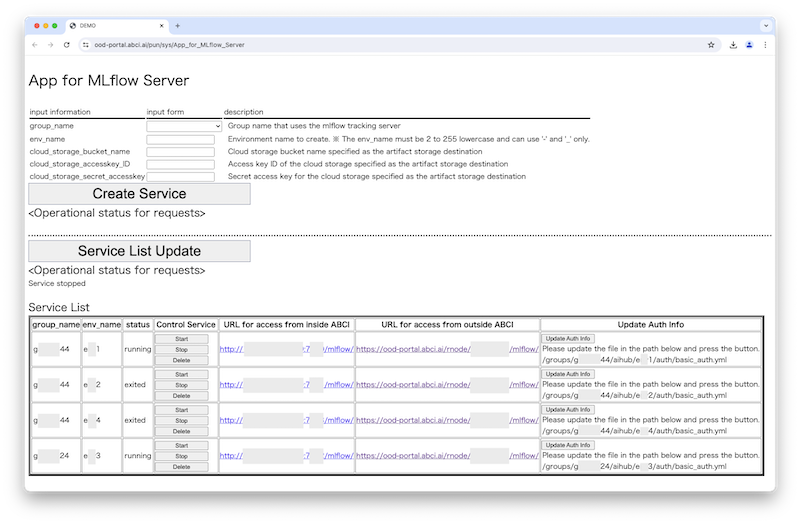 Screenshot of App for MLflow Server